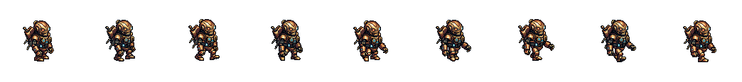 AI-generated brass clockwork robot walking east in a pixel art animation