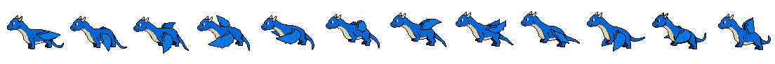 AI-generated cobalt-blue baby dragon hovering toward the west in pixel art