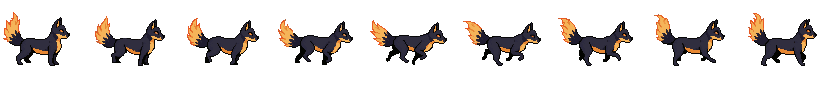 AI-generated ember fox running east with a flame-tipped tail in pixel art