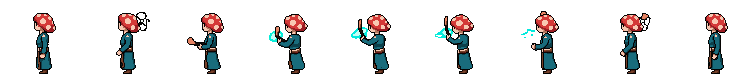 AI-generated mushroom mage facing west in a cyan pixel art spell-casting animation