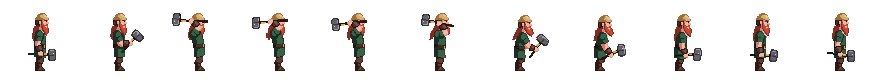 AI-generated red-haired dwarf warrior swinging a war hammer east in pixel art