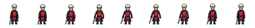 AI-generated skeleton knight facing south in a subtle pixel art idle animation